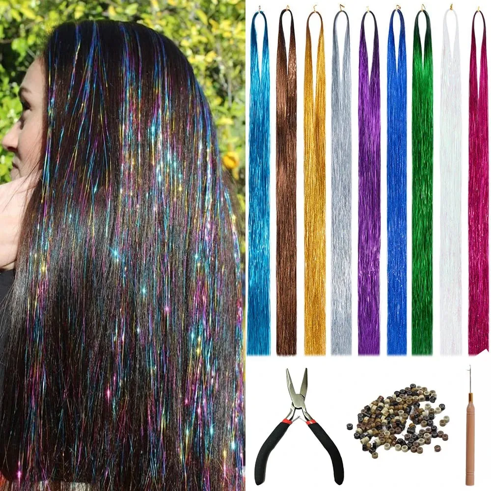 Sambungan Rambut Sutera Pelangi Berkilau Panjang Berkilau Panjang Mempesona Wanita Hippie Untuk Jalinan Hiasan Kepala 120 Helai/beg — image 1