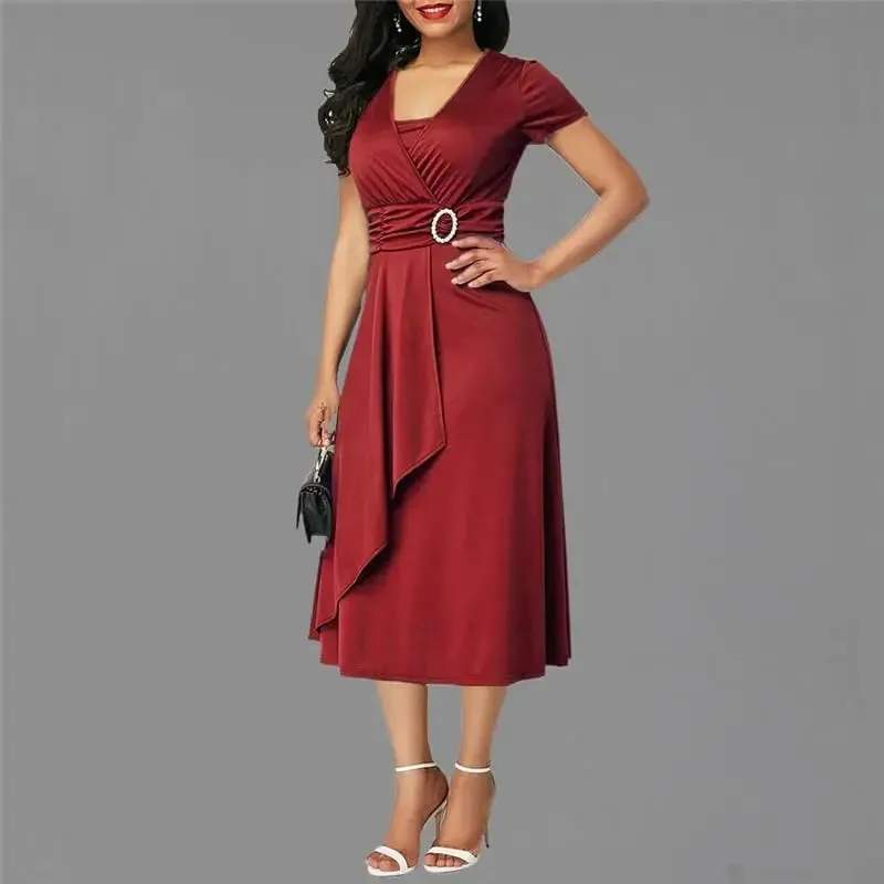 We.Fine Kleid Frauen Einfarbig Kurzarm V-ausschnitt Asymmetrischem Saum Taille Midi Party Kleid Elastische Weibliche Kleider Frau Vestidos — image 9