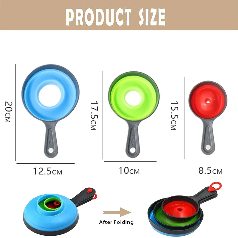 3 pièces/ensemble avec 3 tailles entonnoir de cuisine en Silicone pliant télescopique entonnoir poudre liquide large bouche confiture entonnoir ustensiles de cuisine