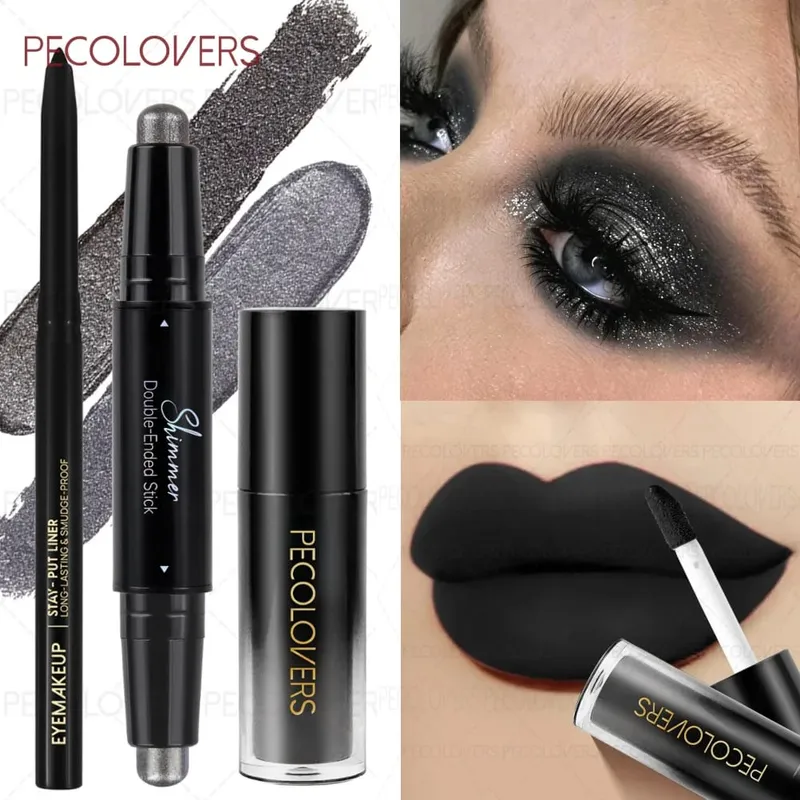 Rouge à lèvres mat + Eyeliner noir + stylo fard à paupières brillant, assorti pour créer un maquillage Punk noir, Halloween/fêtes, usage quotidien, 3 pièces/ensemble — image 2