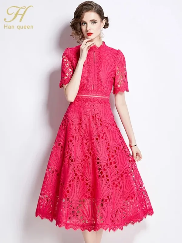 H Han Queen printemps nouveau élégant décontracté travail robes de soirée Floral Crochet évider dentelle Patchwork décontracté bureau robe mi-longue — image 11