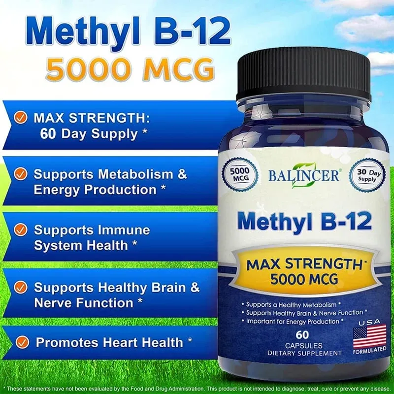 Vitamin B12 - 5000 MCG Supplement -Benefits Brain & Heart Function Supports Memory Learning Helps Boost Natural Energy