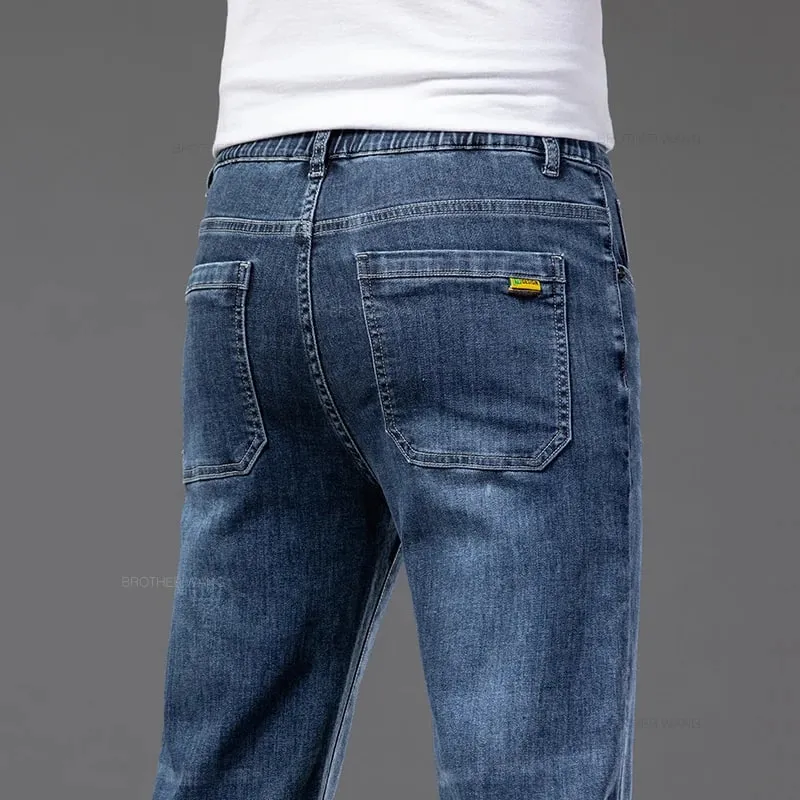 2026 Summer New Men's Thin Jeans Elastic Waist Loose Straight Comfortable Casual Denim Pants Brand Trousers Plus Size 42 44 46