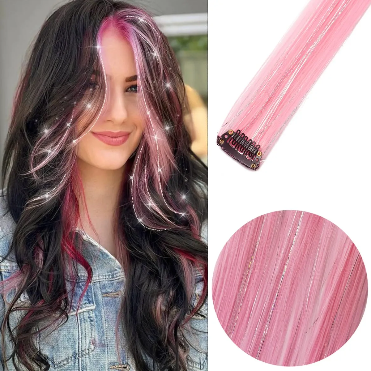 6 Stück/Packung, farbige Party-Highlights, Clip-in-Haarverlängerungen, 22 Zoll, mehrfarbig, glattes Haar, synthetische Haarteile — image 28