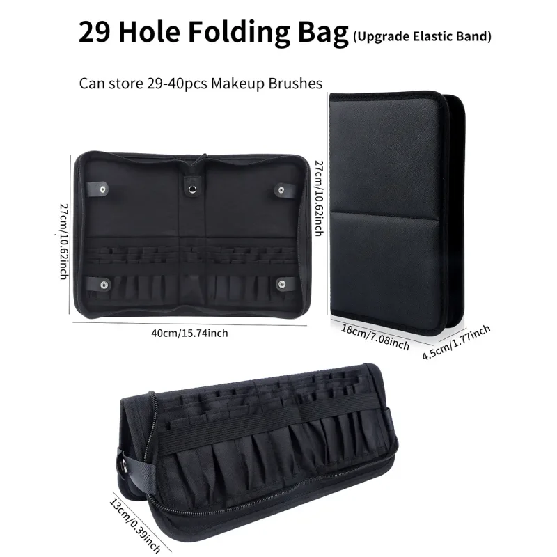 Große schwarze faltbare Make-up-Tasche mit 14–40 Löchern, Aufbewahrungsorganisator für Schönheitspinsel, Kosmetiktasche mit Griffen — image 8