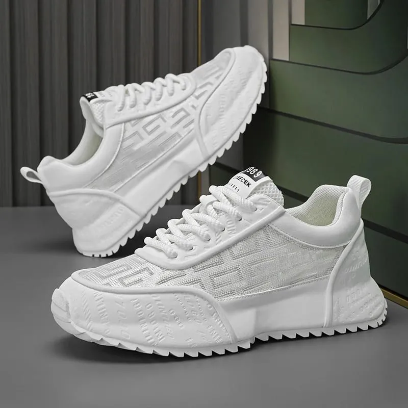 All Black Chunky Dad Sneakers Breathable Mesh And Leather Blend Platform Shoes Non Slip Casual Athletic Shoes For Streetwear