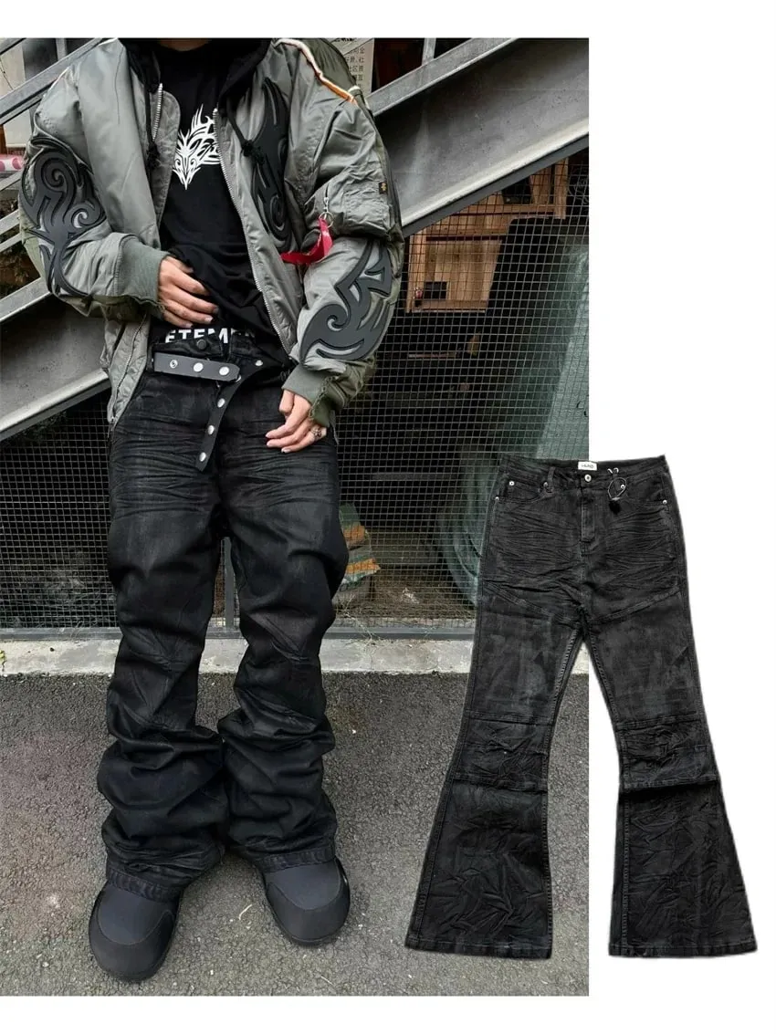 2026 High street enduit micro-évasé jean américain rétro industrie lourde hommes et femmes noir gothique rétro décontracté jean ample — image 9