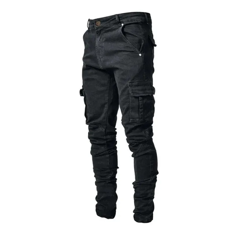 Panlalaking street stretch denim jeans wasshed solid color multi pocket work pants casual slim fit daily wear jogging pants mid wa