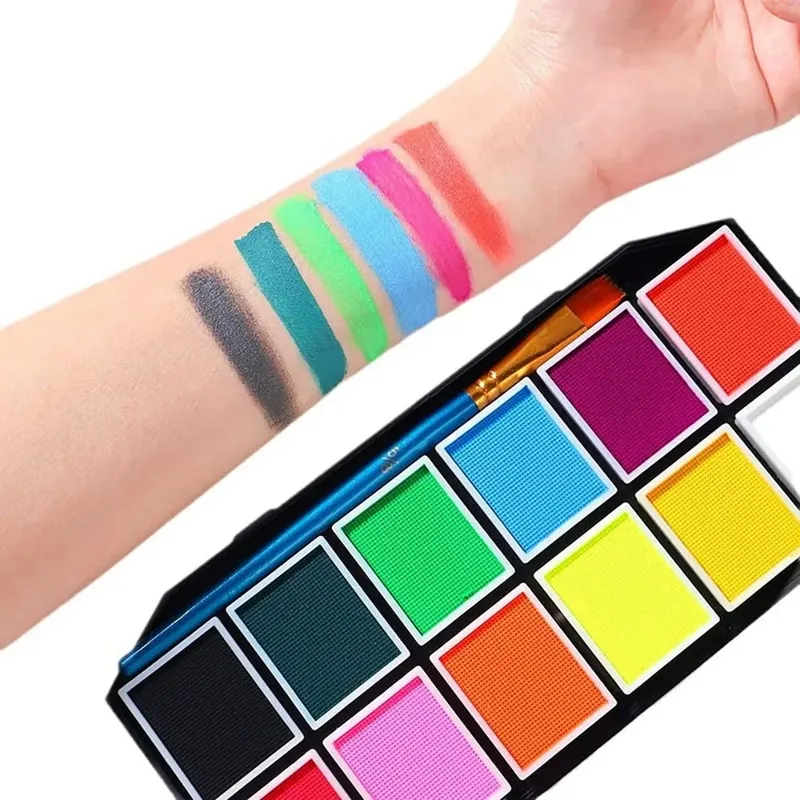 Professional Body Art 12 สีพาสเทลนีออน UV สี Rainbow Split เค้ก Face Paint Palette สำหรับคริสต์มาสฮาโลวีน — image 3