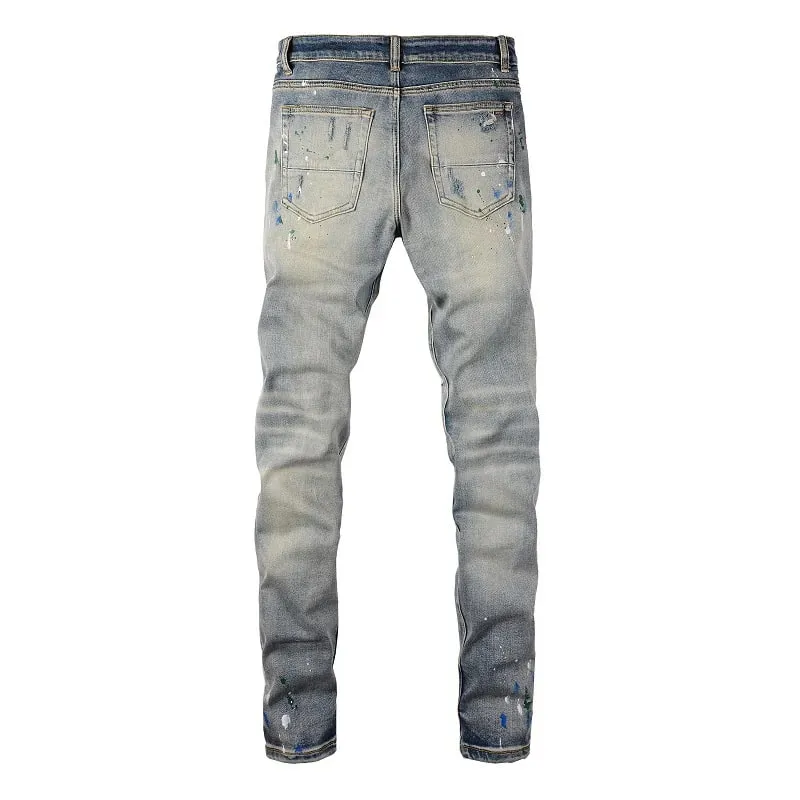 Men Painted Stretch Denim Biker Jeans Streetwear Cracked Patch Patchwork Holes Ripped Distressed Pants Skinny Tapered Trousers — image 9