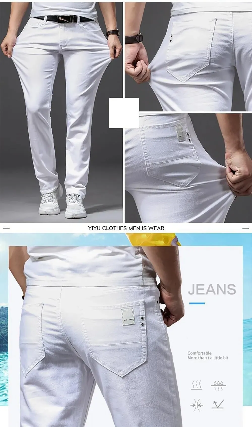 ผู้ชายกางเกงยีนส์สีขาวความยืดหยุ่นตรง SLIM FIT สบายๆธุรกิจคลาสสิกกางเกงแฟชั่นขั้นสูงยืดกางเกงยีนส์กางเกง — image 9
