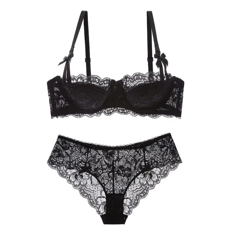 Set Bra Gadis Telinga Arnab Cup Pure Desire | Bra Tarik Atas dengan Bow | Bra renda Perancis bernafas | Malam Tarikh Cawan Anti-gelincir — image 10