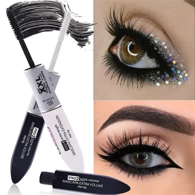 Ultraschwarze doppelseitige Mascara-Faser, die langanhaltendes Augen-Make-up verlängert und Volumen verleiht, mit schwarzen und weißen Bürstenköpfen