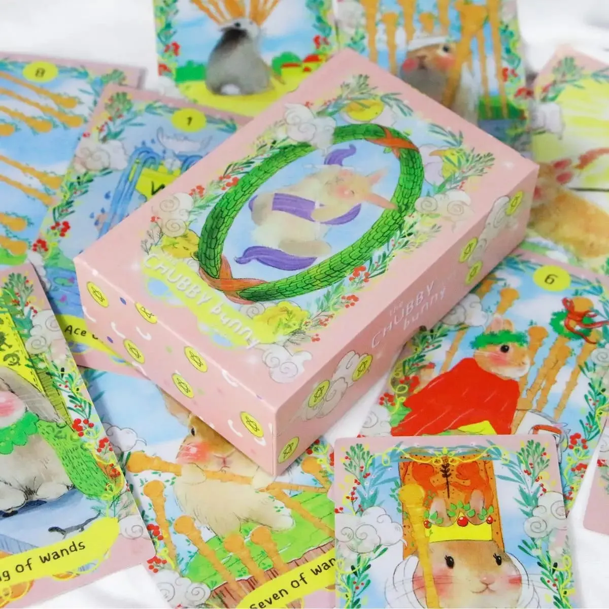 12*7 ซม.Chubby Bunny Tarot ดาดฟ้า 78 ใบที่มีกระต่ายน่ารัก 2.75X4.75 ''บรรจุภัณฑ์กล่องแข็ง
