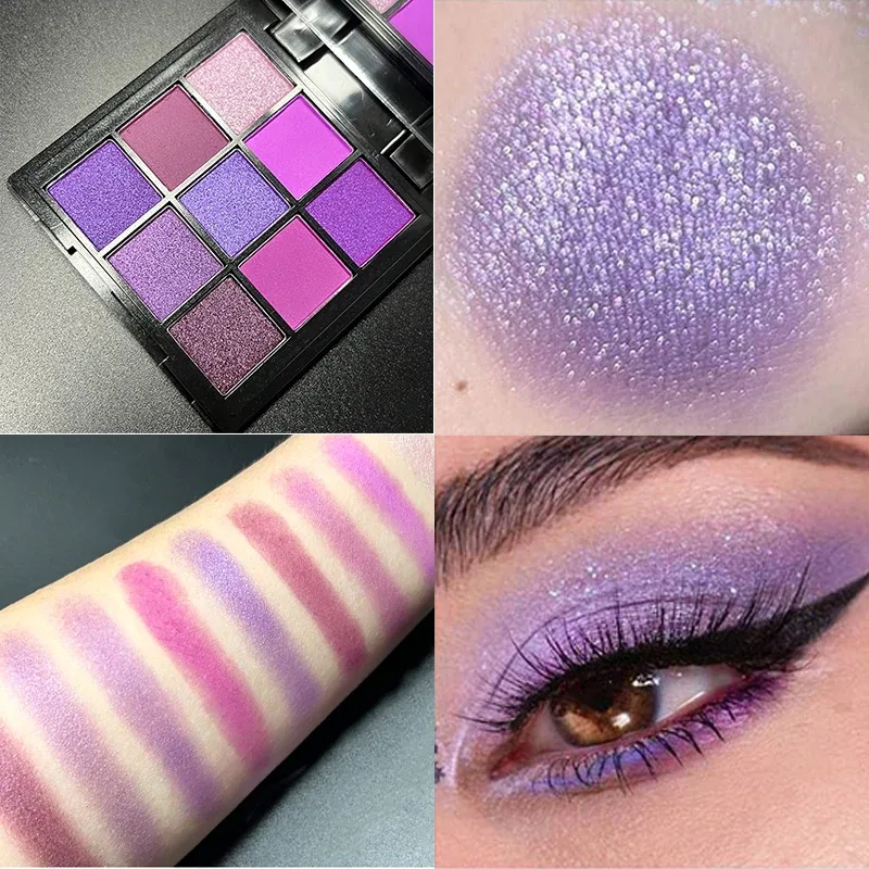 Palet Pembayang Mata 9 Warna Ungu Matte Pembayang Mata Mutiara Mekap untuk Wanita Kosmetik Korea Berkilauan Berkilauan