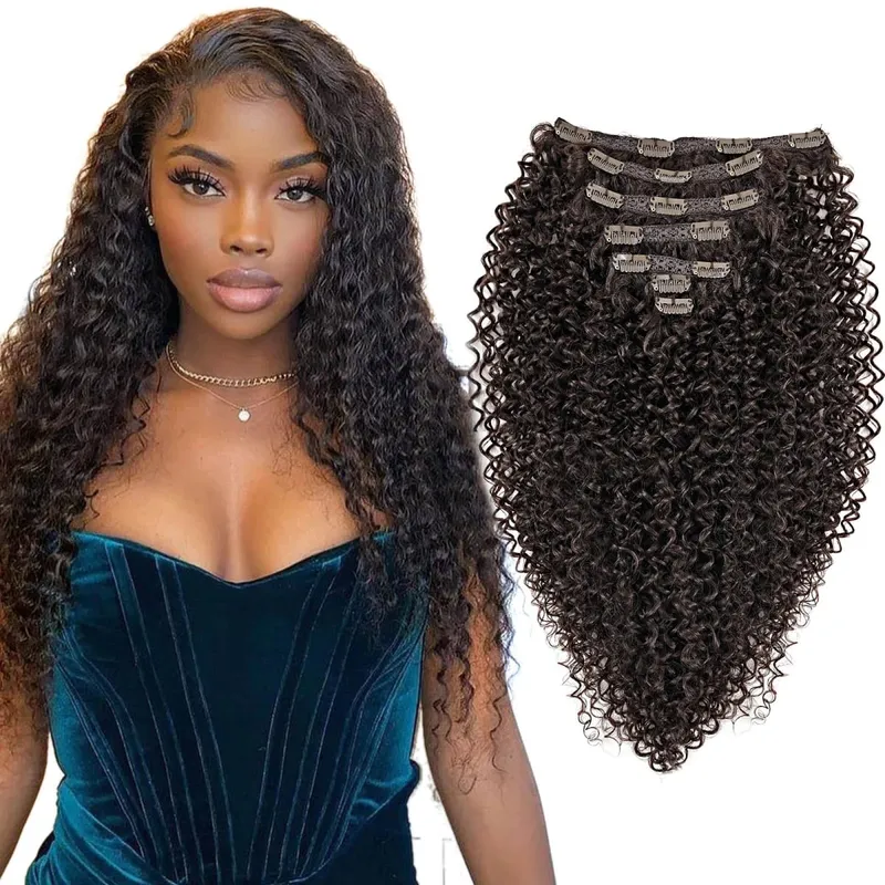Extension synthétique à Clip pour femmes, Extension de tête complète, longue, crépue et bouclée, faux cheveux, épingle à cheveux noire et brune pour femmes — image 18