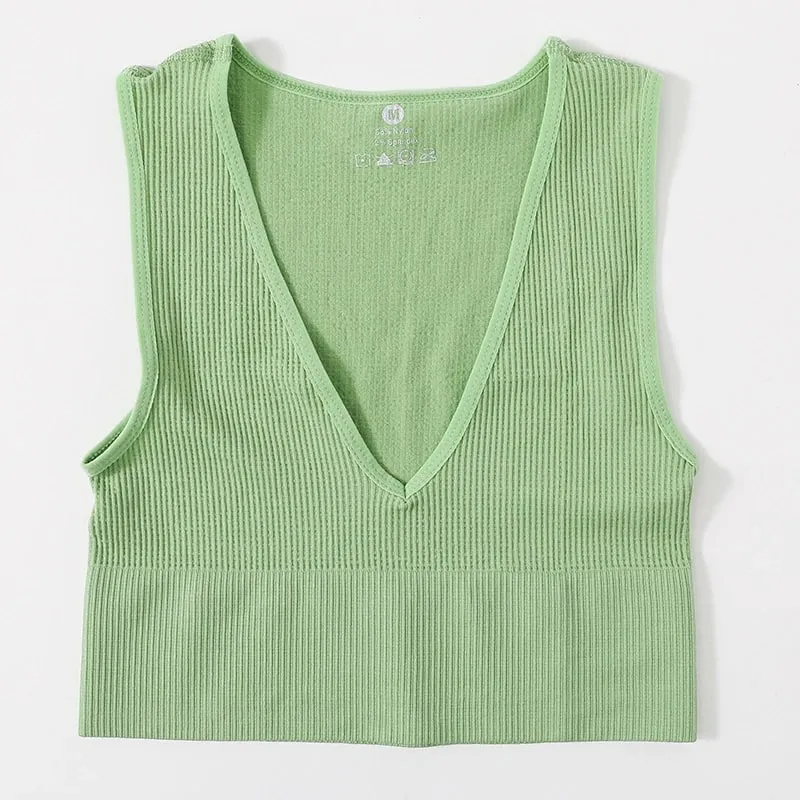 Damen-Crop-Top mit tiefem V-Ausschnitt, einfarbig, schmale Passform, Tank-Top, dehnbar, ärmellos, lässig, geripptes Strick-BH-Top, tief geschnittenes Leibchen, M-XL — image 10