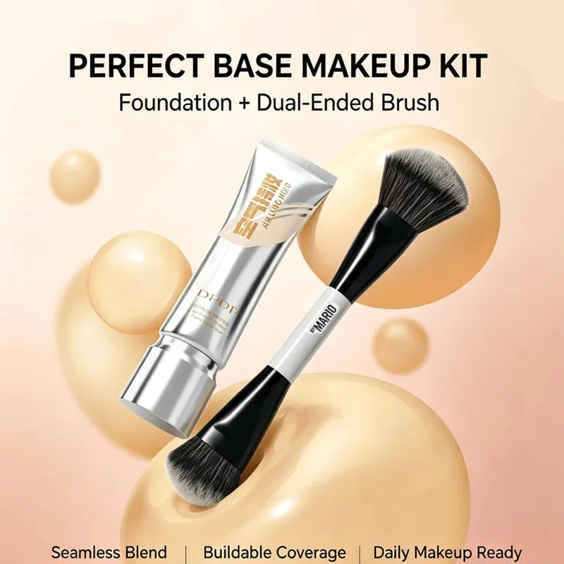 DPDP – fond de teint liquide longue tenue 30ml + F4, ensemble de pinceaux de maquillage à double extrémité, Base de couverture longue durée, applicateur cosmétique — image 2