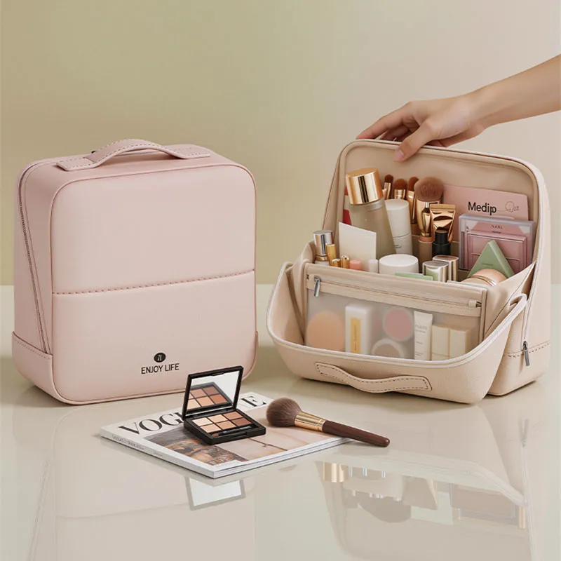 Stehende Aufbewahrungstasche für Make-up-Pinsel, PU-Leder, Kosmetiktasche mit mehreren Fächern, großes Fassungsvermögen, Organizer für Hautpflege- und Toilettenartikel — image 1