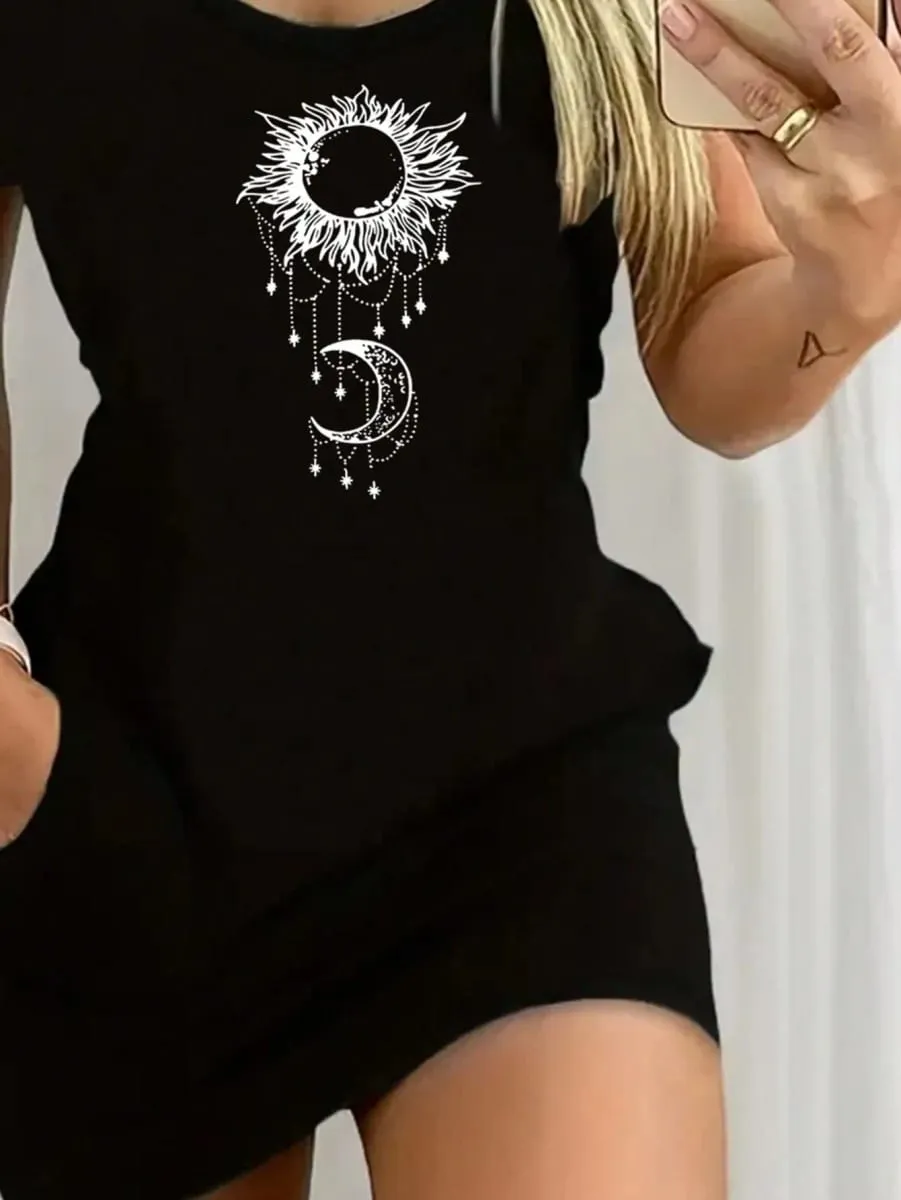 Robe décontractée et élégante pour femmes, motif soleil et lune, couleur unie, col rond, manches courtes, Sexy, jupe courte, 2026 — image 4