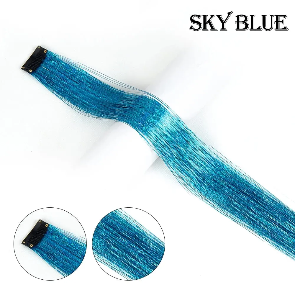 Punti salienti della festa color arcobaleno dritto Clip nelle estensioni dei capelli Pezzo di capelli scintillante Posticci sintetici Rosso scintillante — image 12