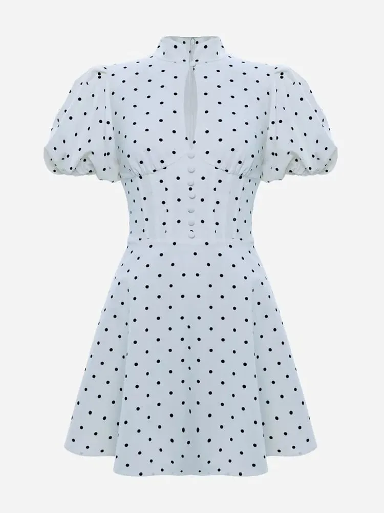 Retro Polka Dot Mini A-Linie Kleid Elegante Stehkragen Puff Kurzarm Taille-betonte Kleider 2026 Neue Dame Party kleider — image 6