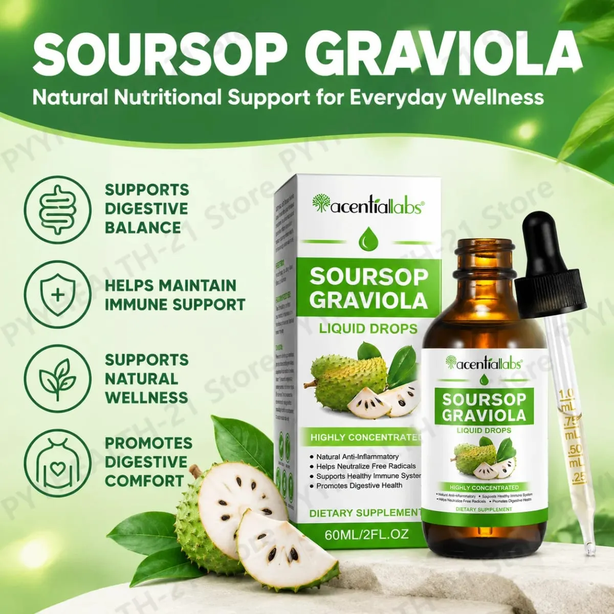 AcentiLabs Soursop Graviola Liquid Drops Vitamin C Supports Digestive Health Immune System Free Radical Defense 60ml for Adults — image 2