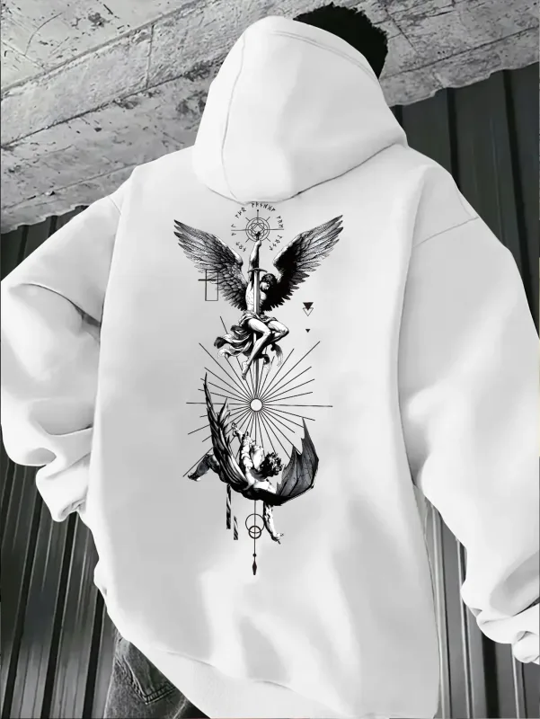 Felpa con cappuccio da uomo con stampa gotica di angeli e tarocchi - Macchina più lunga/stratificazione autunnale (design dei tarocchi vestibilità regolare) - Ideale per eventi a tema e abbigliamento casual con motivi di angeli e tarocchi, comodo tessuto in maglia e versatile stile streetwear — image 7