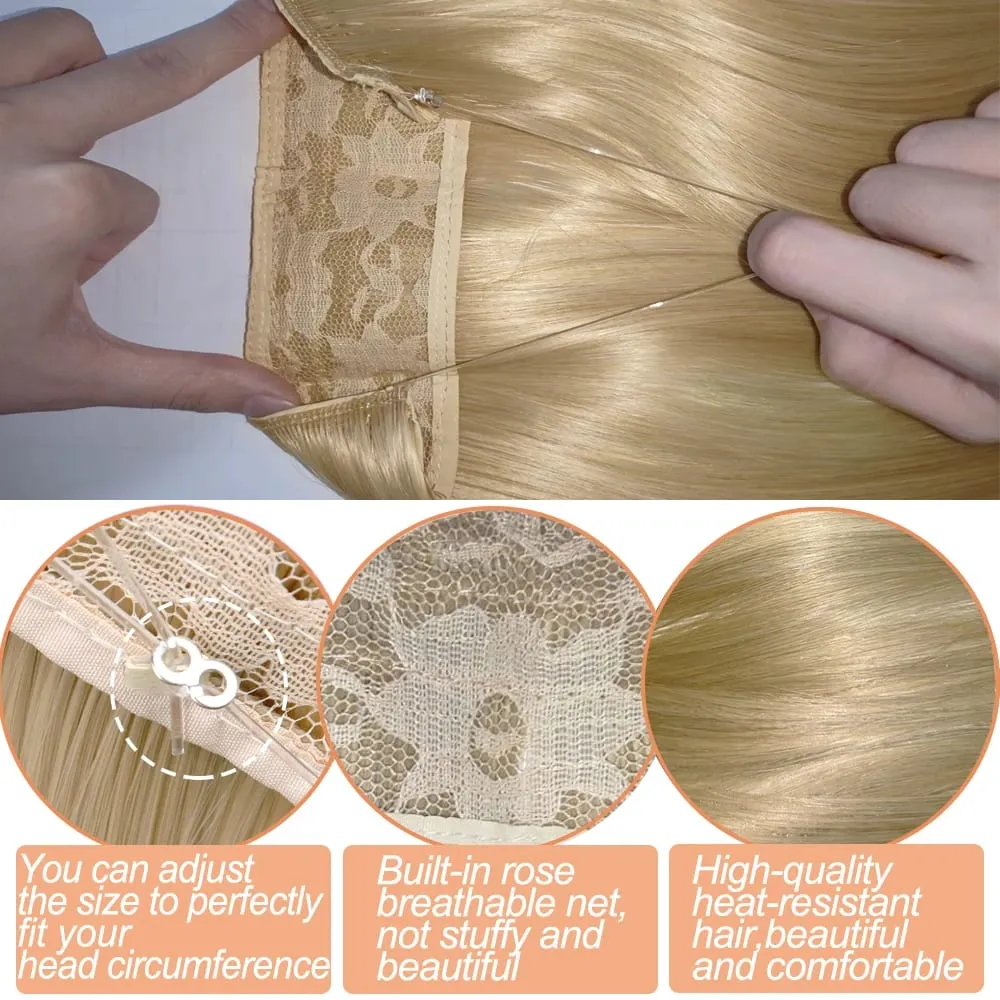 Synthetic Long Wavy No Clips Invisible Wire Hair Extensions Black Brown Blonde Fish Line False Hairpiece Piece — image 3