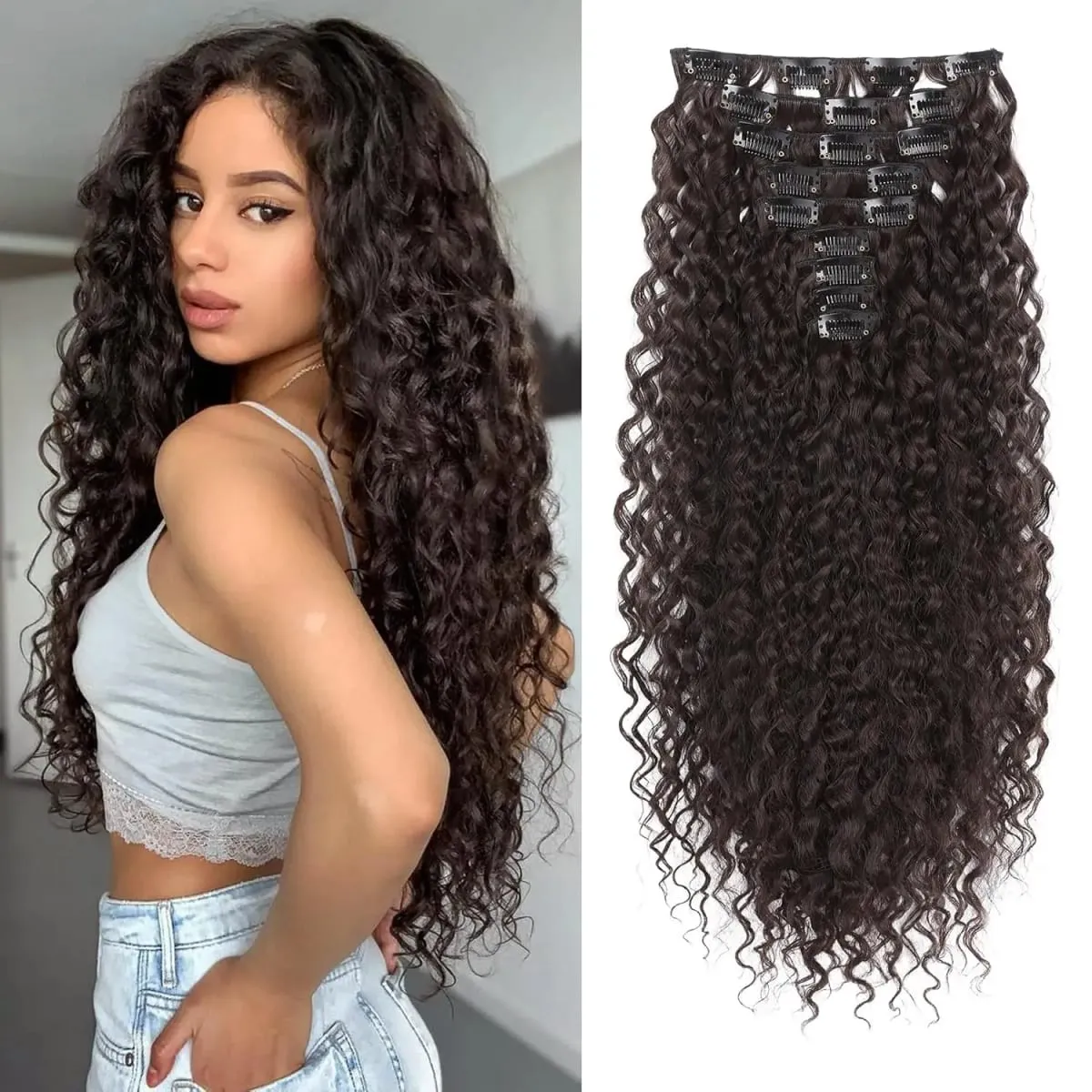 9PCS ที่ยอดเยี่ยม Handstitching คลิปในส่วนขยายของผม 22 นิ้ว CURLY Hair EXTENSION ยาวนุ่มสังเคราะห์ Hairpieces สำหรับผู้หญิง — image 2
