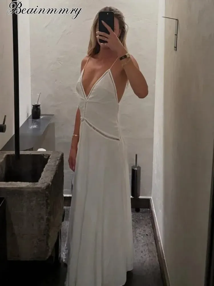 Zarif Derin V Yaka Backless Uzun Elbise Kadınlar Katı Spagetti Kayışı Kolsuz Sling Elbiseler 2026 Bayan Tatil Parti vestidos — image 2