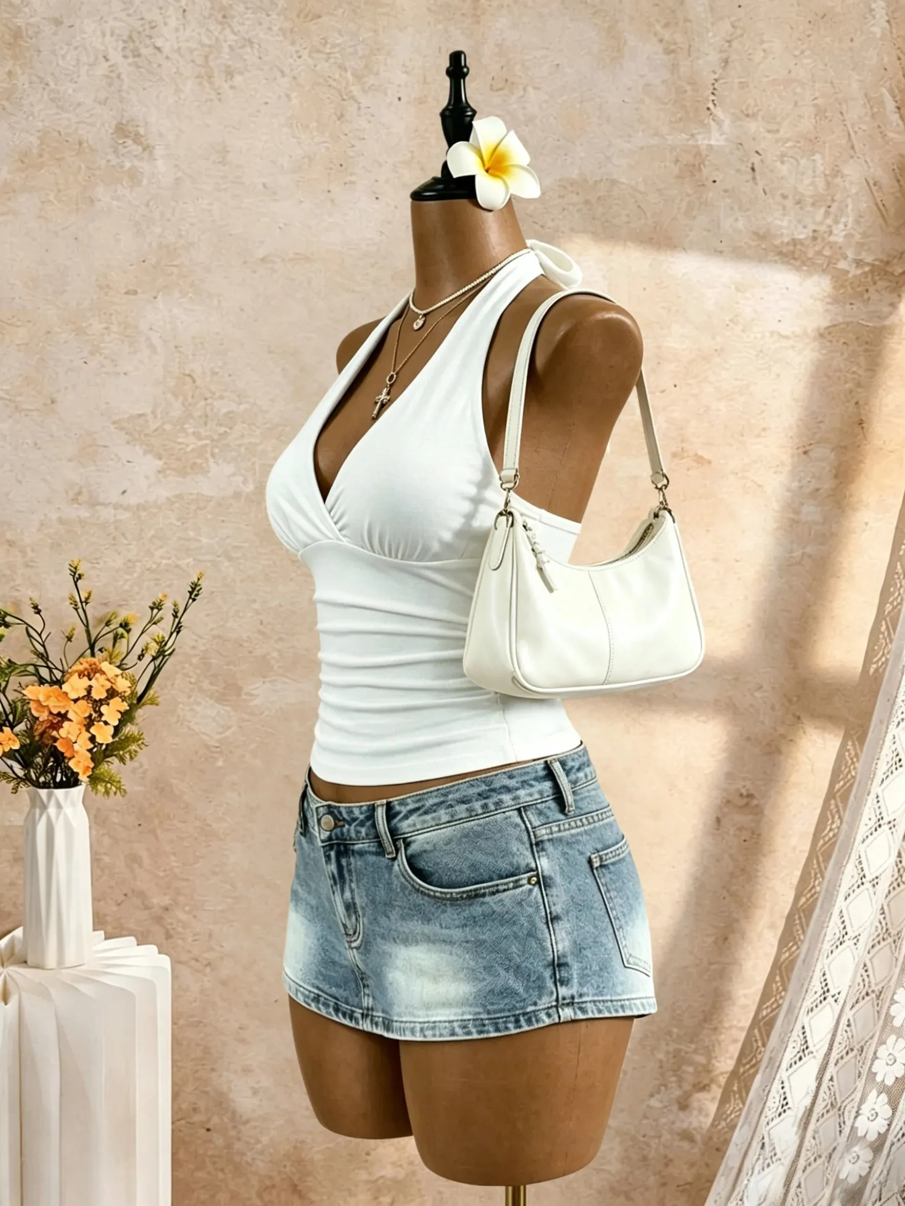 Women Halter Deep V Cross Wrap Side Ruched Slim Crop Camisole 2026 Summer Y2K Solid White Sleeveless Casual Daily Tank Top — image 6