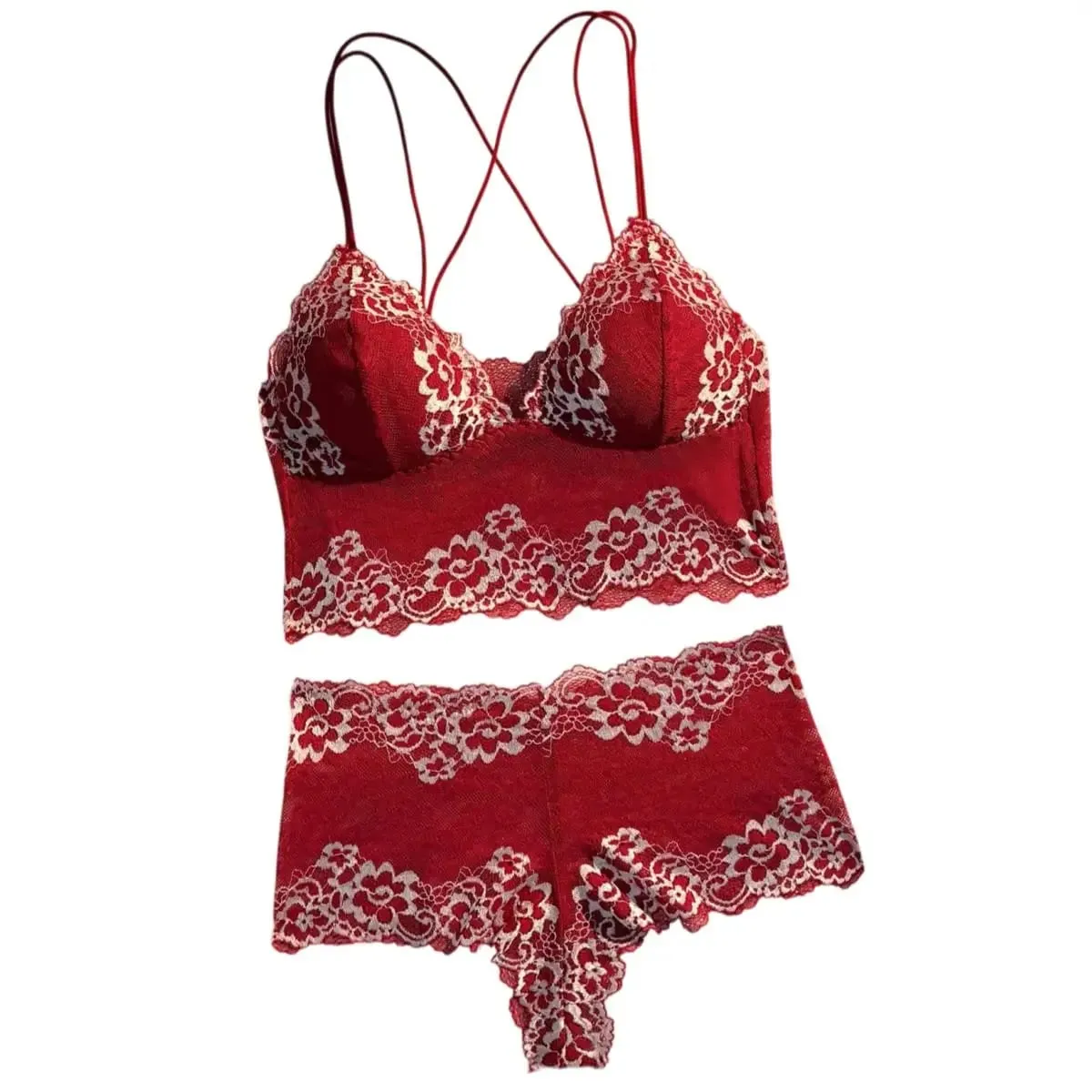 Exquisite kontrastierende Blumenspitze, eng anliegendes Netz, durchsichtig, Kreuz, schöner Rücken, Strapse, sexy Dessous, 2-teiliges Set 2026 — image 1
