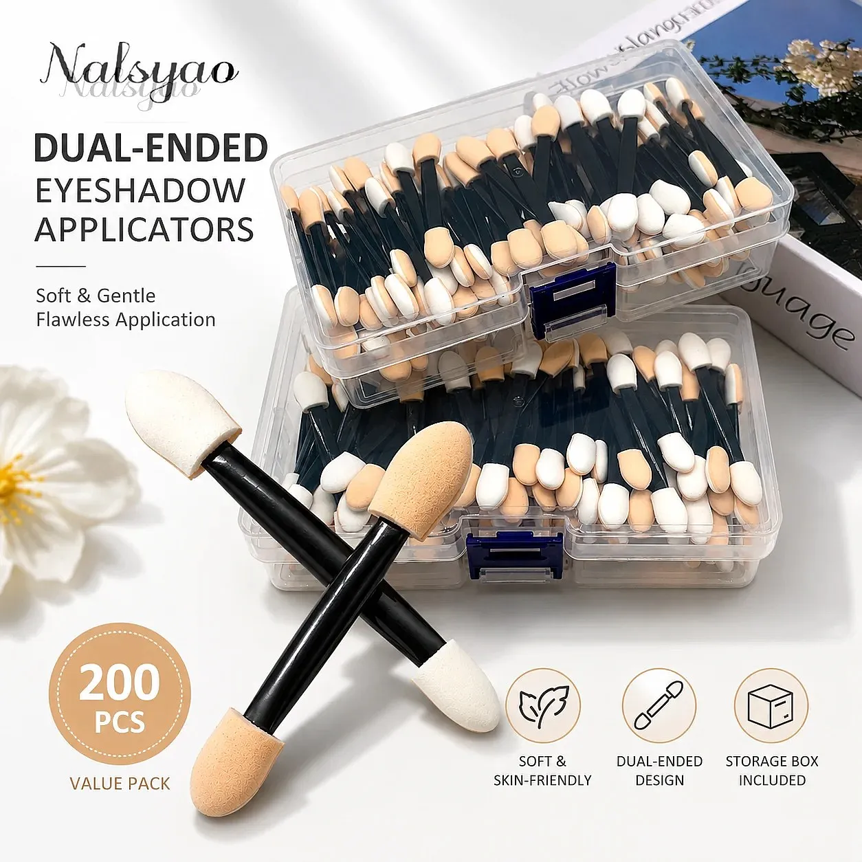 50/100/200PCS oboustranné houbové aplikátory na oční stíny s nádobou – jednorázové štětce na make-up s dlouhou rukojetí