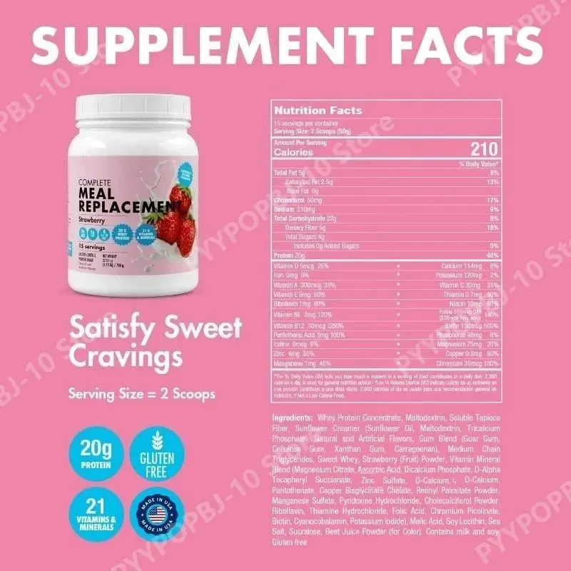 Meal Replacement Milkshake 20G Protein 5G Fiber 21 Vitamins Nutrients Minerals Strawberry Flavor 780g — image 3
