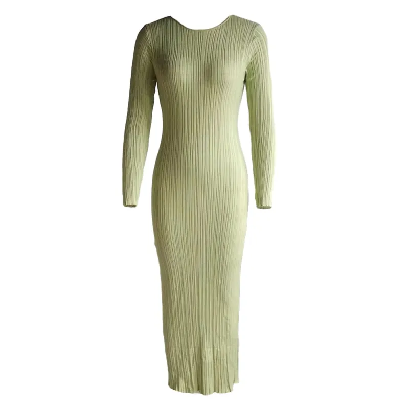 Robe longue en tricot pour femmes, couleur unie, moulante, manches longues, col rond, côtelée, coupe cintrée, printemps automne — image 12