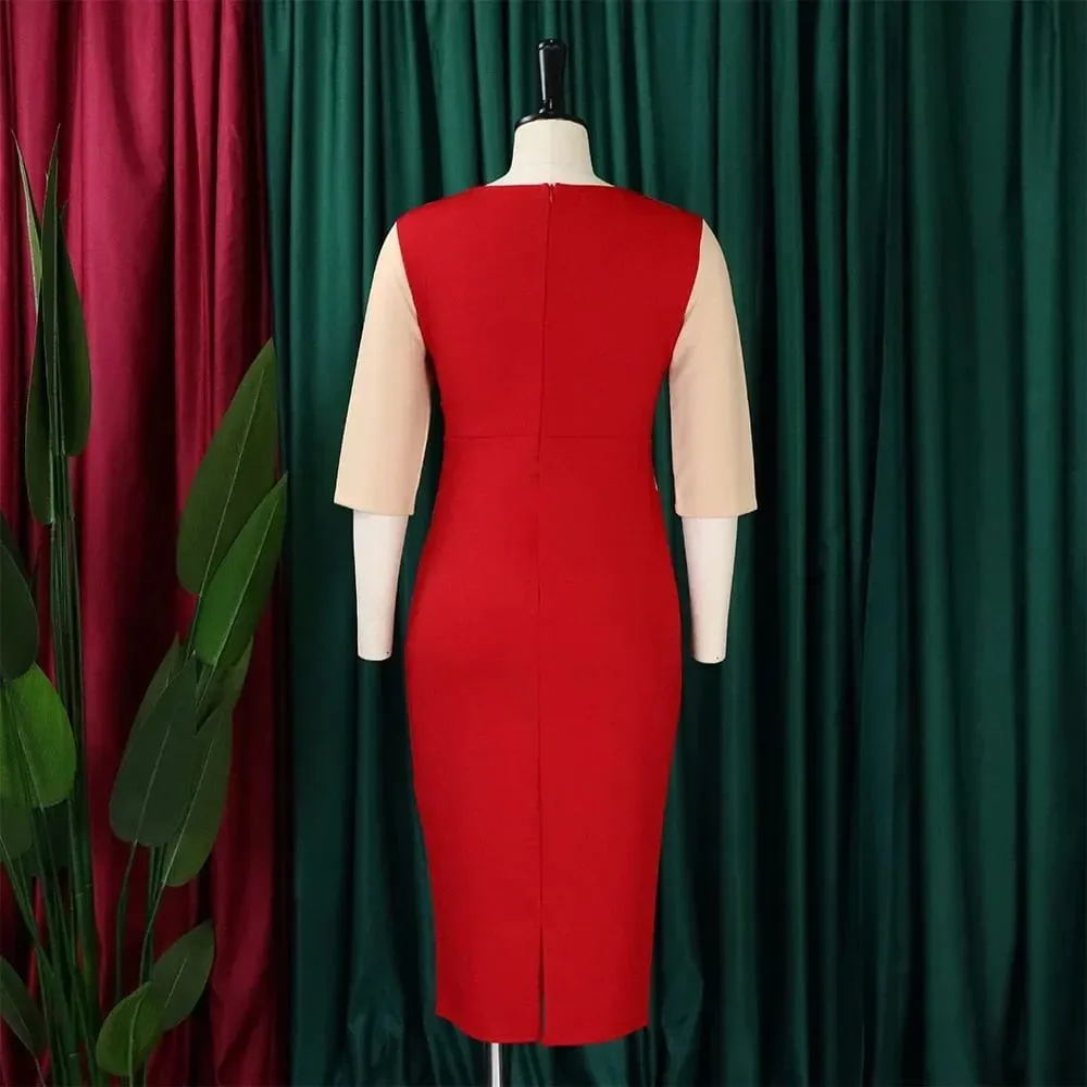 Women Dress for Work Elegant Office O Neck Three Quarter Sleeve Patchwork Sheath Package Hips Mid Calf Professional Business Hot — image 5