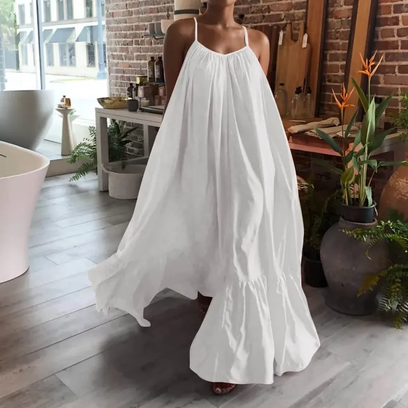 Spring Dress For Women Sexy Solid Strap Dress Pocket Loose Backless Big Swing Dresses Holiday Dresses For Women Wedding Guest