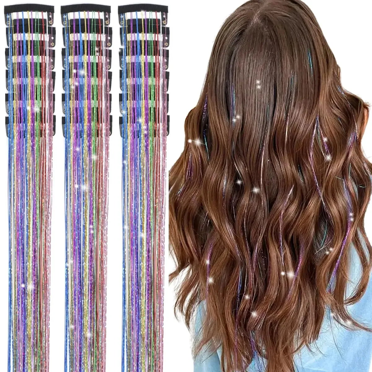 20 นิ้ว Glitter Tinsel Hair Extensions พร้อมคลิป 6 ชิ้น/เซ็ตสังเคราะห์คลิปใน Sparkle Fairy อุปกรณ์เสริมผมสำหรับเด็กผู้หญิง — image 6