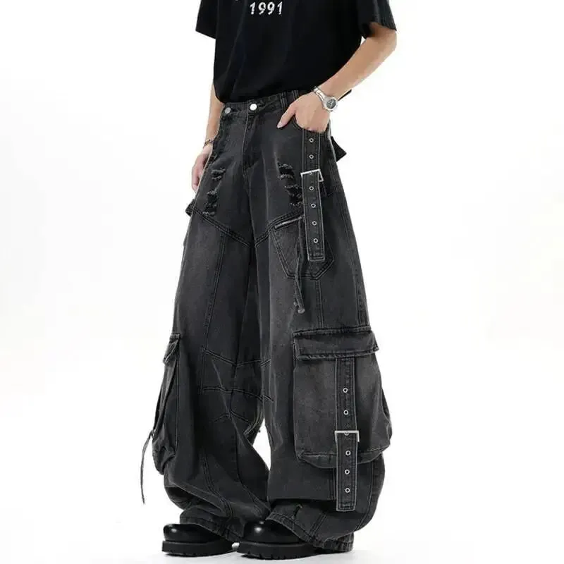 Amerikanische Herrenjeans, einfarbig, mit mehreren Taschen, lässige, abgenutzte Hosen, Dekonstruktion, weites Bein, Denim-Hosen 9W4066