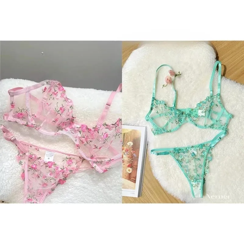 Set Bra Sulaman Renda Bunga Lutsinar Seluar Dalam Minimizer Nipis Musim Panas Lembut Bernafas Payudara Penuh Wanita Di Rumah Pakaian Harian S-XL — image 2