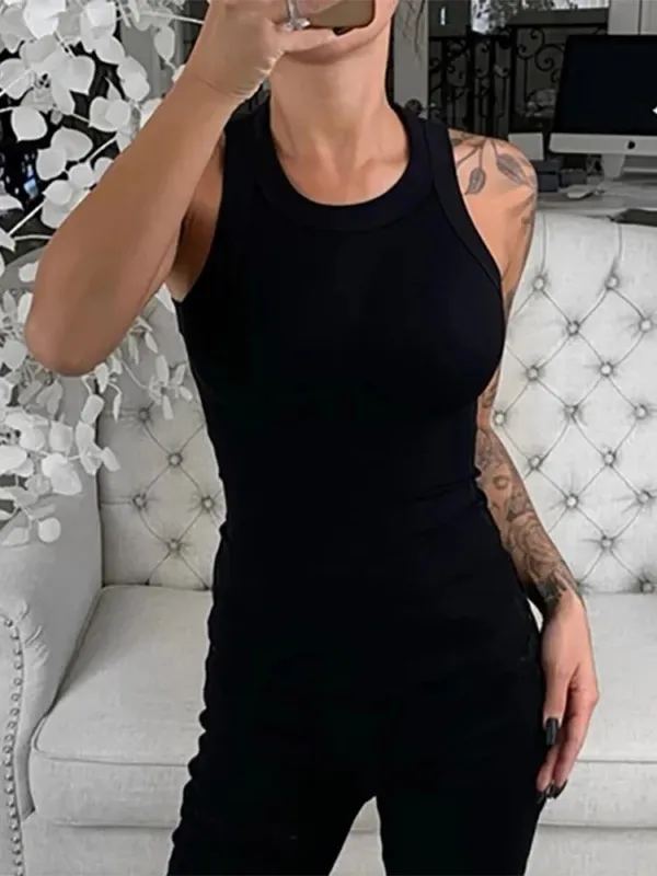 Women Solid Round Neck Ribbed Tank Top Camisole Women Summer Basic Elastic Tank Top O Neck Solid Tank Top — image 5