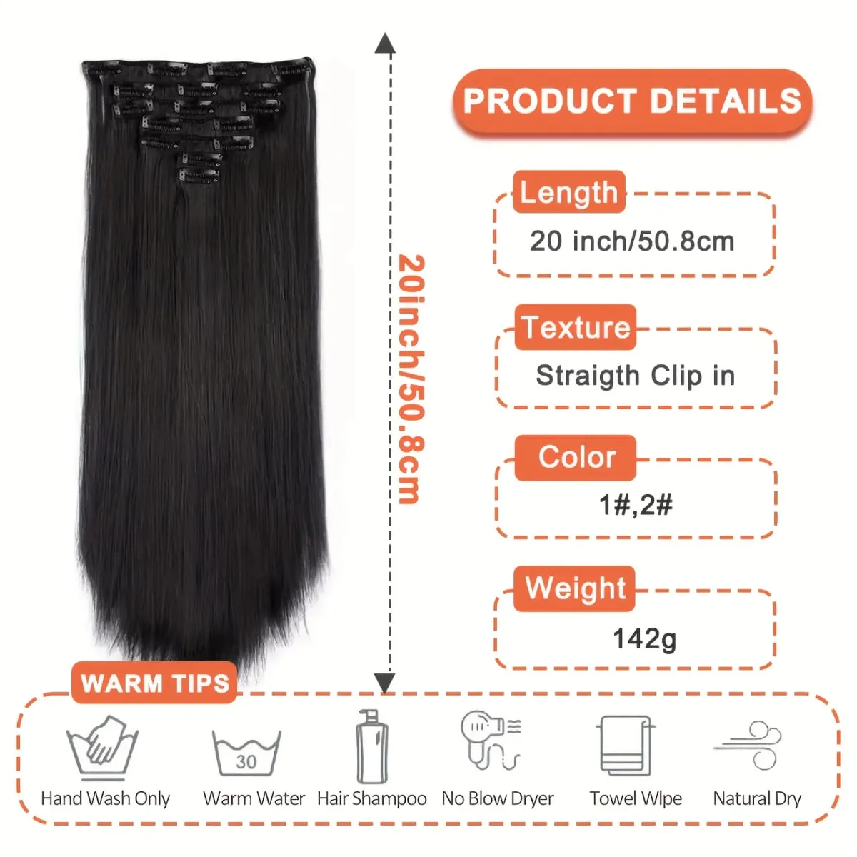 กิ๊บสังเคราะห์สีดำธรรมชาติในส่วนต่อขยายตรงคลิปสังเคราะห์ยาวหนา 20 นิ้วบนชิ้นผมสำหรับผู้หญิง — image 2