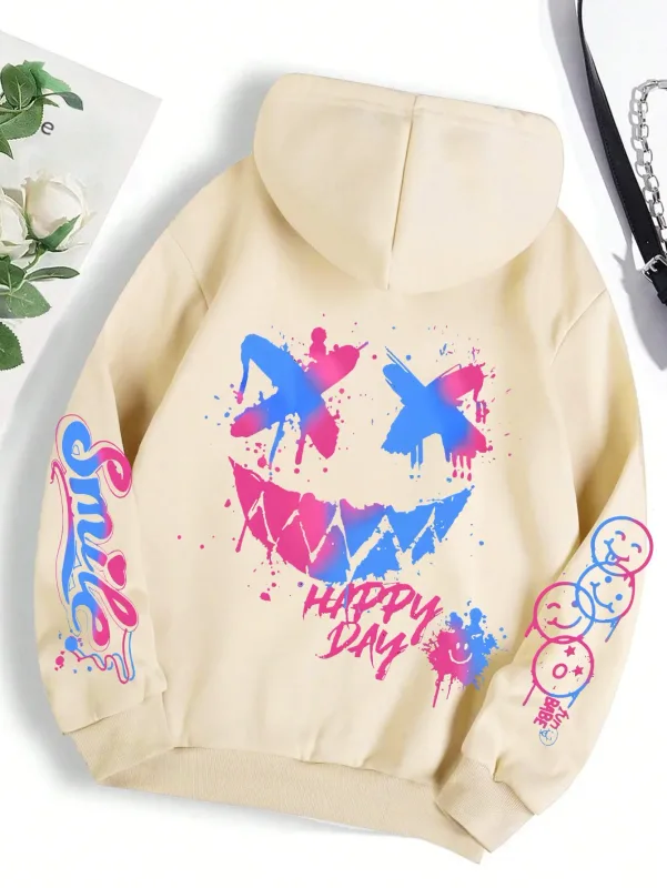 Cetakan Wajah Tersenyum Peribadi Lelaki Musim Gugur Baru Selesa Bernafas Sweatshirt Bertudung Fesyen Luaran Bertudung Sweatshi — image 6