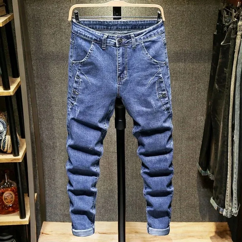 Xu Hướng Xuân Thu Màu Trơn Chân Thẳng Co Giãn Quần Jean Denim Nam Slim Fit Thoải Mái Thể Thao Quần Jean Cao Cấp — image 3