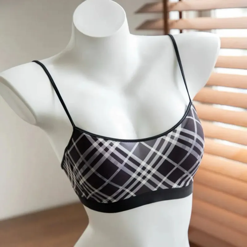 Dámské americké retro kostkované intimky set tenká push up podprsenka proti ochabování podpaží podpora tuku pohodlí každodenní nošení — image 8