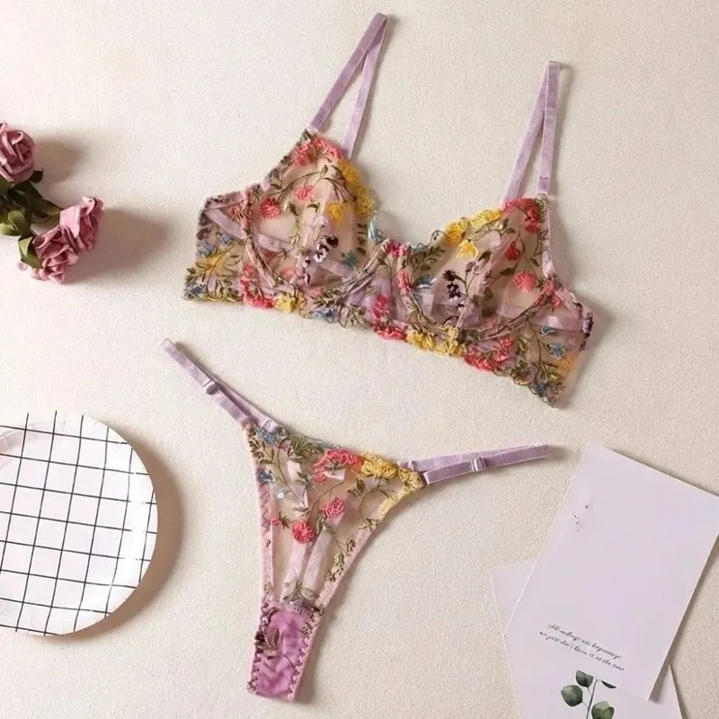 2-teiliges Blumen-Dessous-Set, transparent, vielseitig, Unterwäsche, Intimates, Bügel, Push-up-Stickerei, BH, Höschen-Set für Damen und Mädchen — image 6