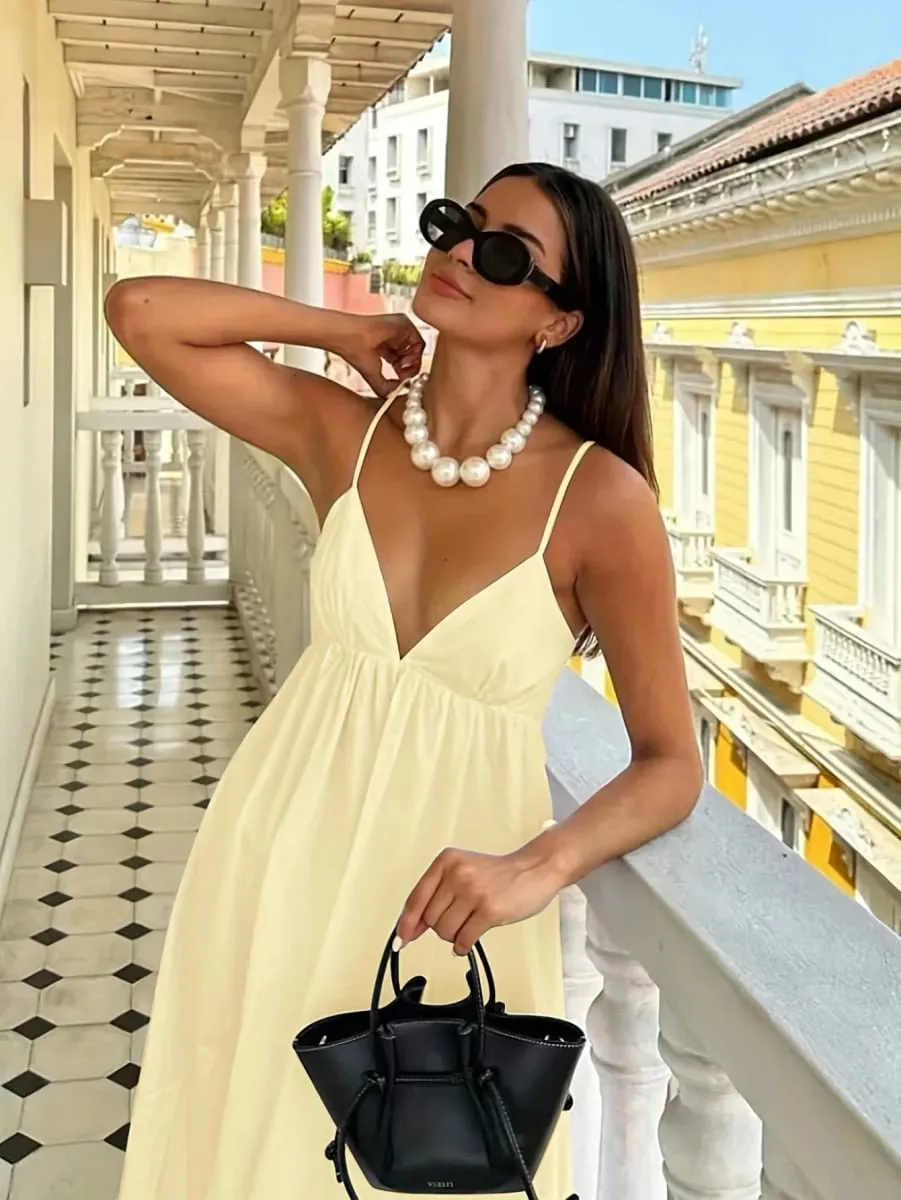 Robe à bretelles fines pour femmes, couleur unie, dos nu, vacances d'été — image 5