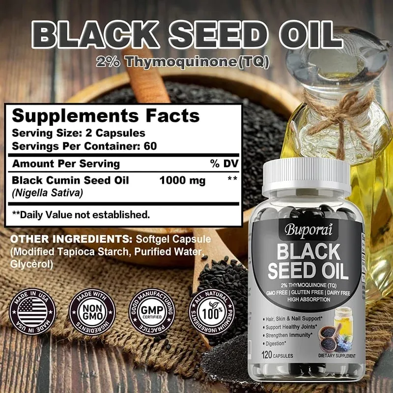 Huile de graines noires de qualité supérieure 120 capsules – Soutient la santé globale | Soutien du système immunitaire Supplément sans gluten et sans OGM — image 3