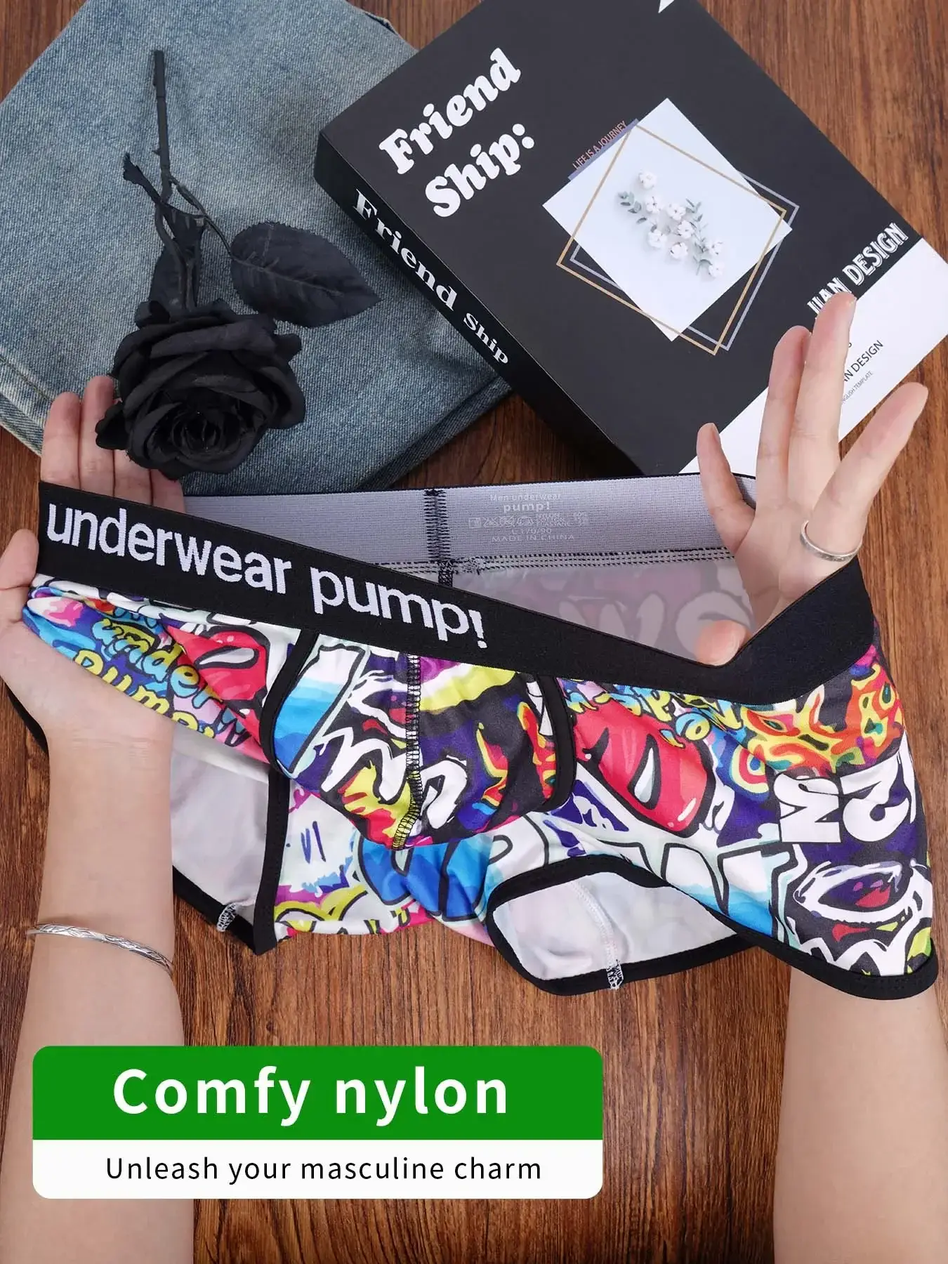 1- 4PCS Seluar Boxer Campuran Nilon Kapas Lelaki Seluruh Cetak Graffiti Pinggang Bergetah Lebar Seluar Dalam Fesyen Tidak Ketat